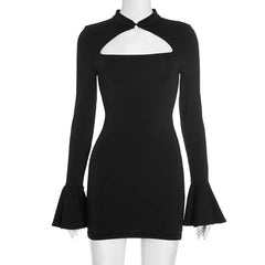 Long Flare Sleeve Mini Hollow Out Neck Dress