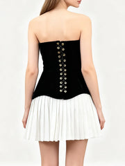 Black Velvet Strapless White Pleated Mini Dress
