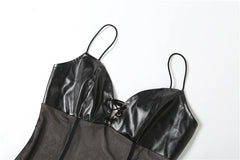 Black Pu Leather Patchwork Layered Mesh Maxi Dress