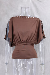 Brown Button Up Off-Shoulder Top