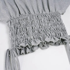 Ruched Drawstring Letter Print Grey Graphic Tee