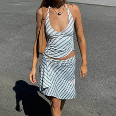 Blue Striped Sleeveless Halter Neck Tank Tops And Asymmetric Midi Skirt Set