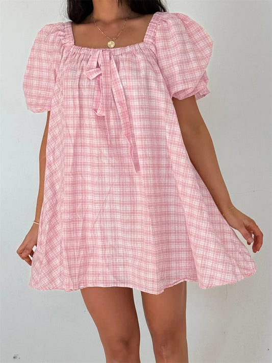 Plaid Bodydoll Puff Sleeve Mini Dress