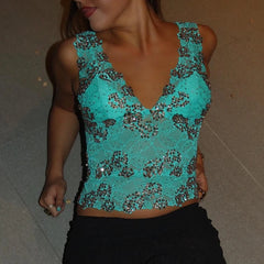 Flower Embroidery V Neck  Mesh Crop Top