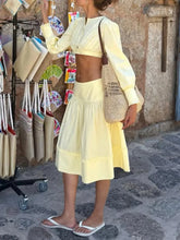 Round Neck Long Sleeve Crop Top And Low Waist Midi A Line Skirt Two Piece Set