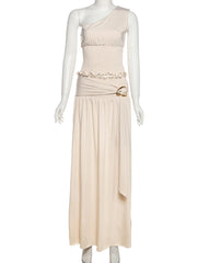 Incline Shoulder Tank Top And Buckle Ribbons Maxi Skirt Set