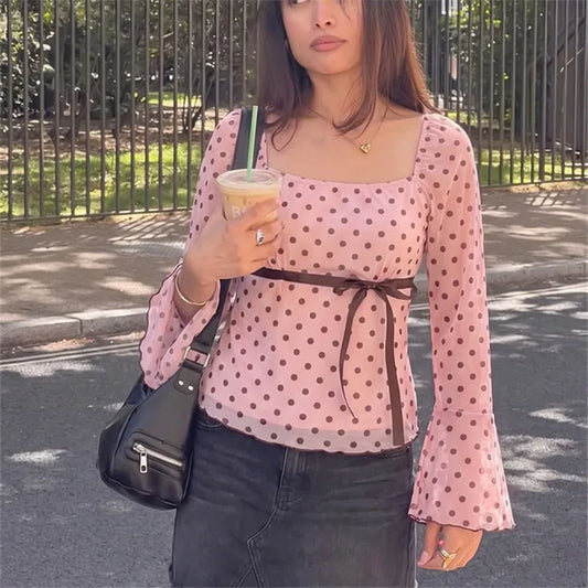 Polka Dot Mesh Flare Long Sleeve Bow Top