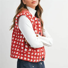 Fleece Plaid Pattern Full Button Down Vest with Pockets