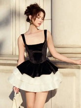 Black Velvet Puff Layered Hem Mini Dress