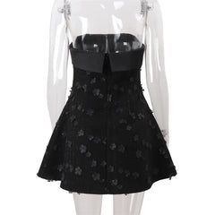 Black Satin Trim Flower Embroidery Mini Dress