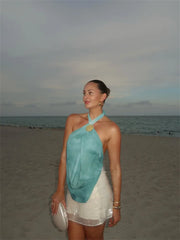 Blue Tie Dye Halter Deep Neck Top