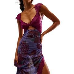 Floral Print Lace Patchwork Cutout V-Neck Midi Dress