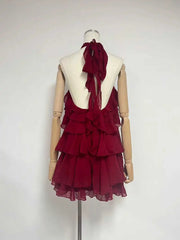 Ruffle Halter Flower Decoration Layered Mini Dress