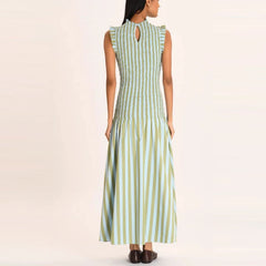 Stripe Smocked High Collar Midi Dress