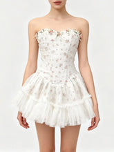 Strapless Mesh Patchwork 3D Flower Mini Dress