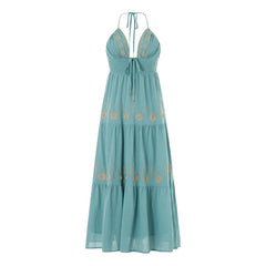 Embroidery Smocked V-Neck Halter Long Dress