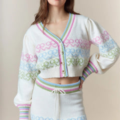 White Bow Print Crop Cardigan