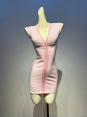 Deep V-Neck Zipper Mini Bandage Bodycon Dress