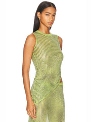 Green O Neck Sleeveless Crystal Top And Mesh Midi Skirt Set