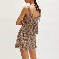 Floral Print Frill Trim Square Neck Tank Top And Ruffle Skirt Set