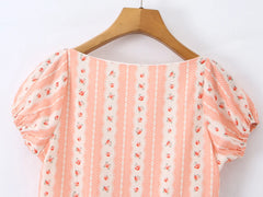 Orange Floral Stripes Print Lacing up Short Puff Sleeve Mini Dress