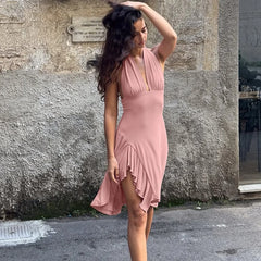 Pink Deep V Neck Halter Frill Hem Mini Dress