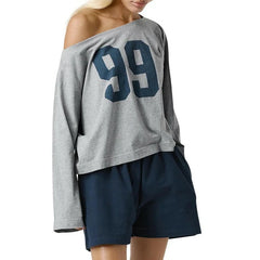 Grey Off Shoulder Long Sleeve Jersey Number Graphic Tee