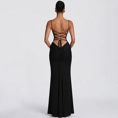Solid Backless Lace-up Spaghetti Strap Maxi Dress