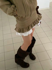 Pleated Zipper High Neck Jacket