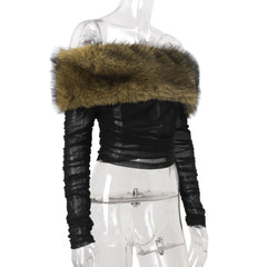 Black Ruched Off Shoulder Fur Trim Top
