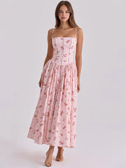 Floral Print Square Neck Strap Long Dress
