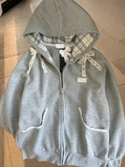 Lace Patchwork Bow Zip Hoodie