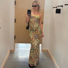 Printed Sequin Trim Open Back Maxi Dress