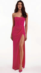 Strapless Rose Corset Pleated Asymmetrical Split Maxi Dress