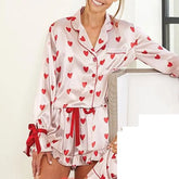 Satin Heart Print Ruffled Hem Pajama Loungewear Set