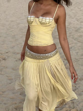 Yellow Diamonds Lace-up Top And Irregular Hem Midi Skirt Set