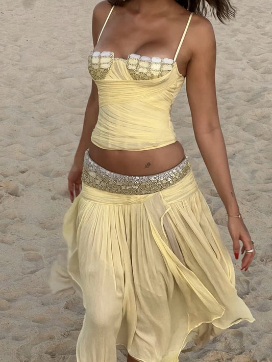 Yellow Diamonds Lace-up Top And Irregular Hem Midi Skirt Set