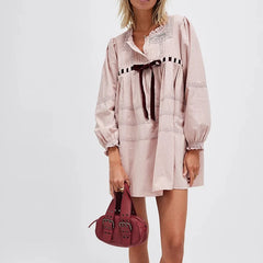 Bow Tie Long Puff Sleeve Embroidered Babydoll Mini Dress