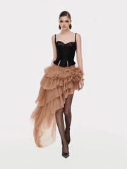 Fishbone Lace-Up Top And Mesh Asymmetrical Skirt Two-Piece Set