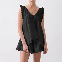 Ruffle V-Neck Tank Top & Tie-up Shorts Set