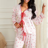 Heart Print Long Sleeve Tie Front Ruffled Top And Drawstring Waist Pants Pajama Set