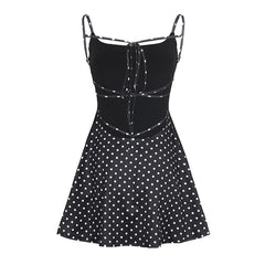 Black Polka Dot Lace Up Back Mini Dress