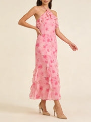 Pink Rose Print Frill Halter Midi Dress