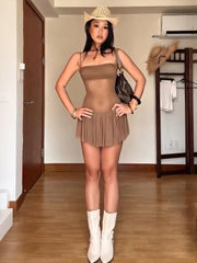 Mesh Patchwork Pleated Hem Mini Dress