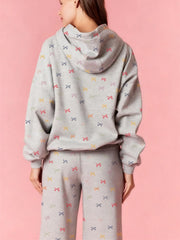 Grey Bow Print Sweatshirt And Wide Leg Sweatpants Set