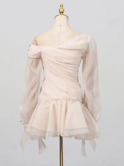 Apricot Ruffles Diagonal Long Sleeve Mini Dress