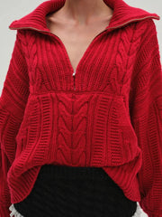 Close-up of a red knitted sweater with a zipper.