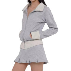 Rib Zipper Sweatshirt And Low Waist Pleated Mini Skirt Set