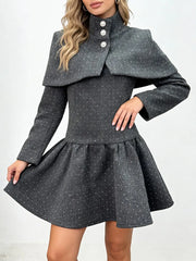 Grey Square Neck Long Sleeves Shawl Mini Dress