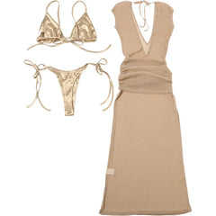 Sequin Sheer Cover-up Maxi Dress With Gold Bikini Set